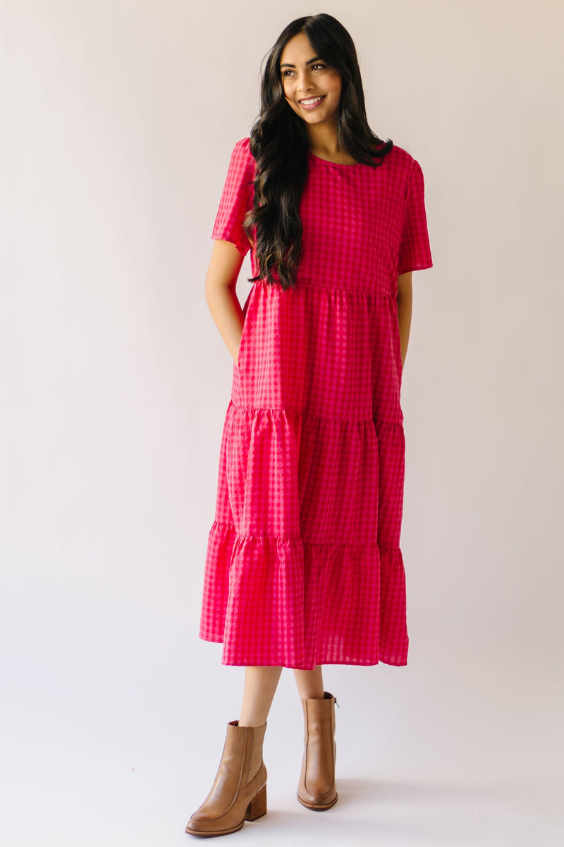 The Maddox Gingham Tiered Midi Dress in Hot Pink