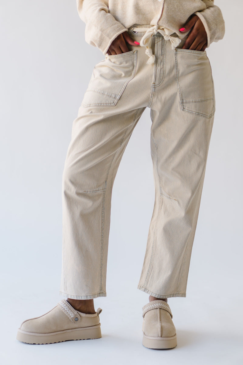 The Mettler Drawstring Pant in Light Blue + Cream Stripe