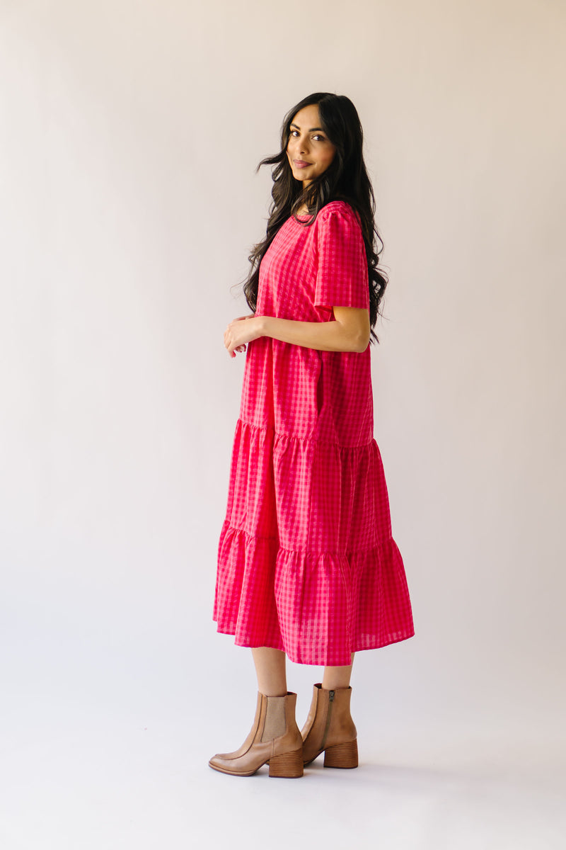 The Maddox Gingham Tiered Midi Dress in Hot Pink