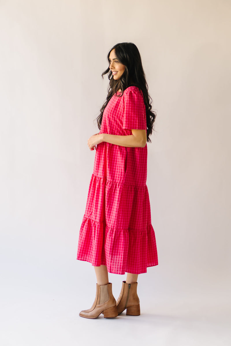 The Maddox Gingham Tiered Midi Dress in Hot Pink