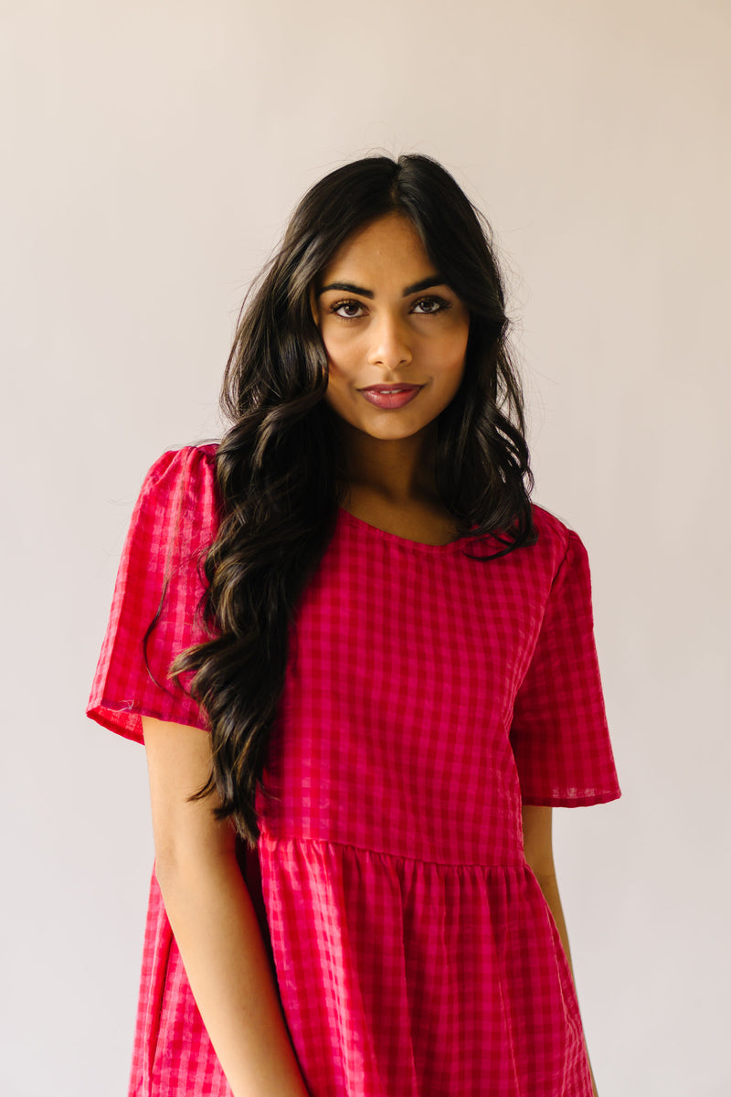 The Maddox Gingham Tiered Midi Dress in Hot Pink