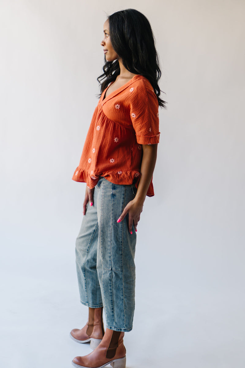 The Kruger Floral Embroidered Blouse in Rust