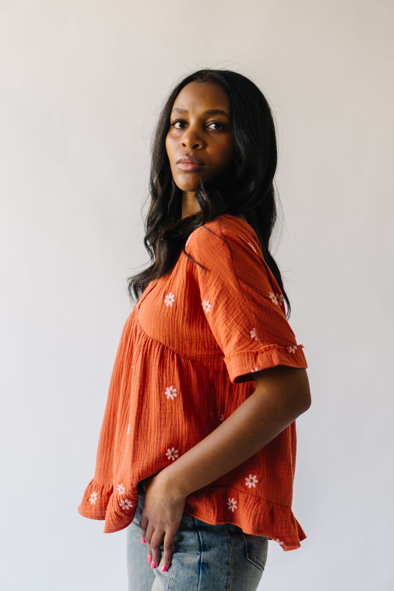 The Kruger Floral Embroidered Blouse in Rust