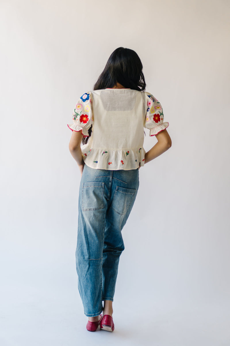 The Maura Embroidered Tie Front Blouse in Cream