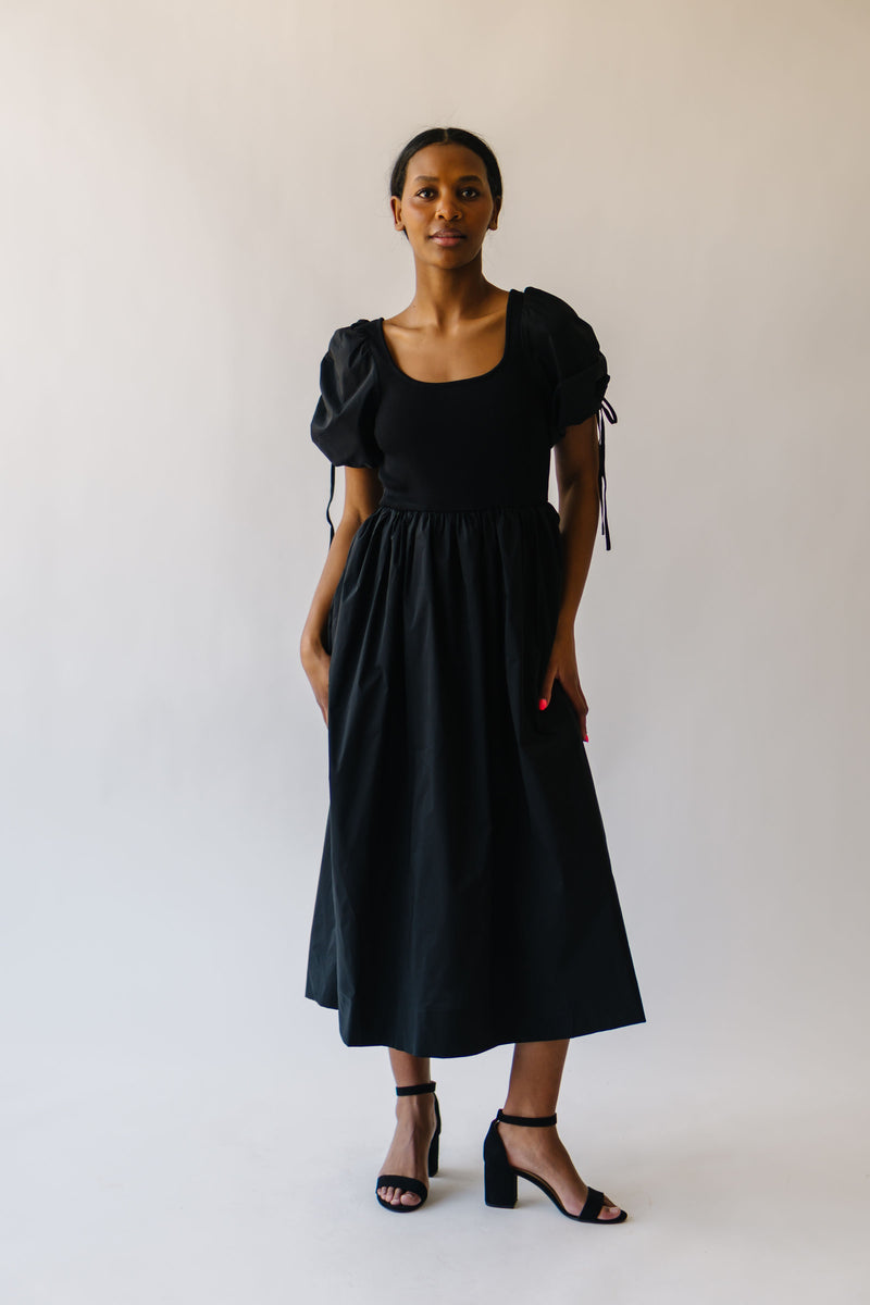 The Vega Puff Sleeve Midi Dress in Black