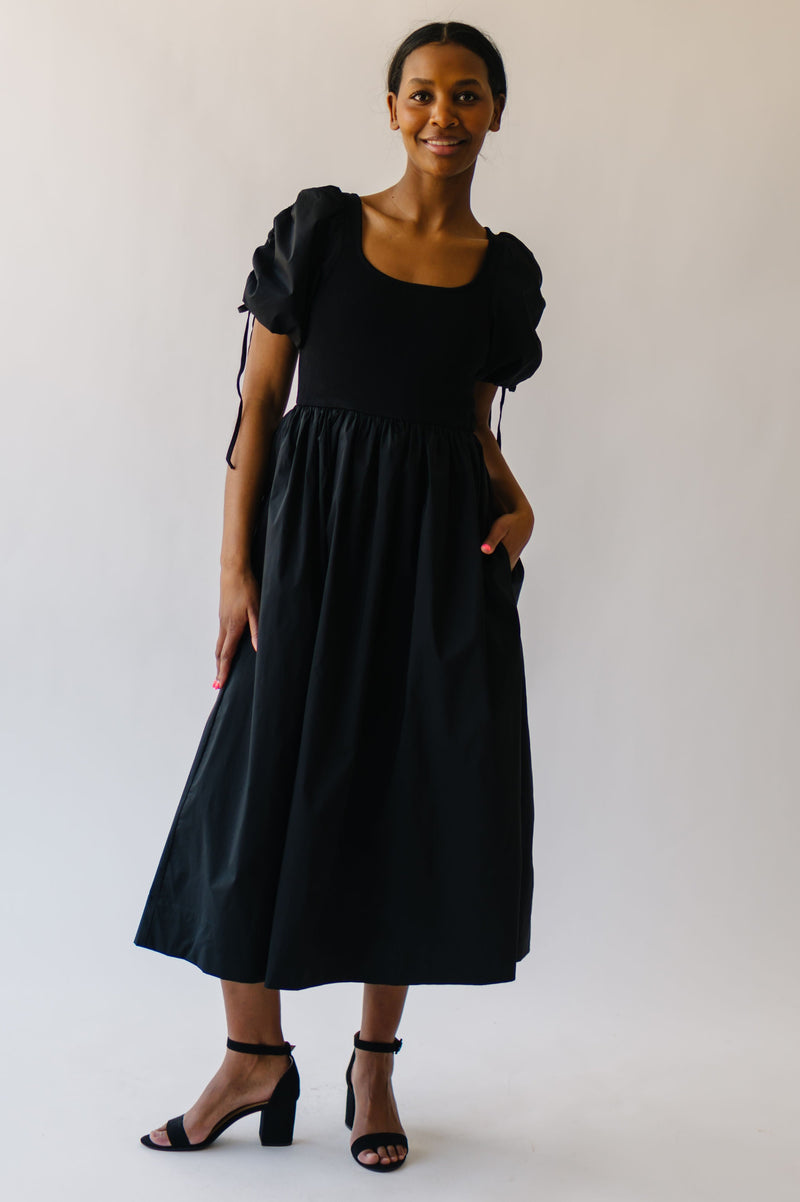 The Vega Puff Sleeve Midi Dress in Black