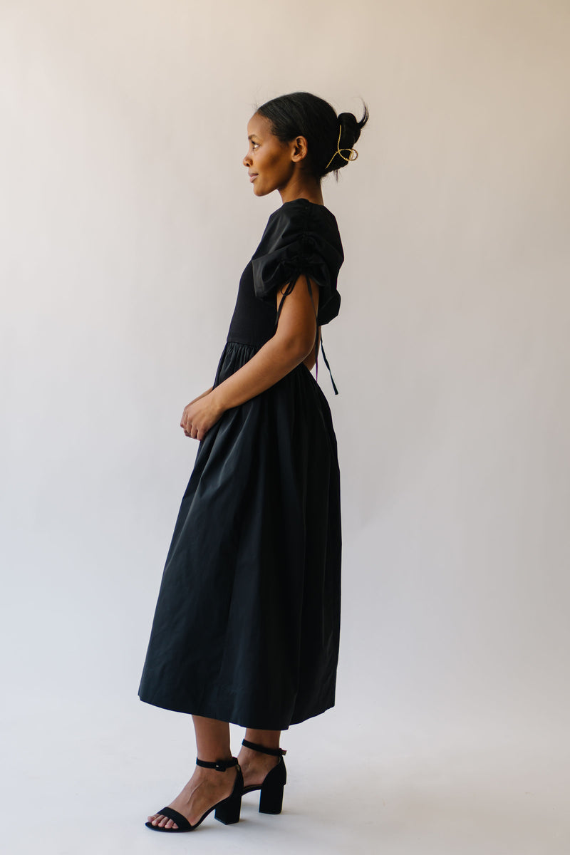 The Vega Puff Sleeve Midi Dress in Black