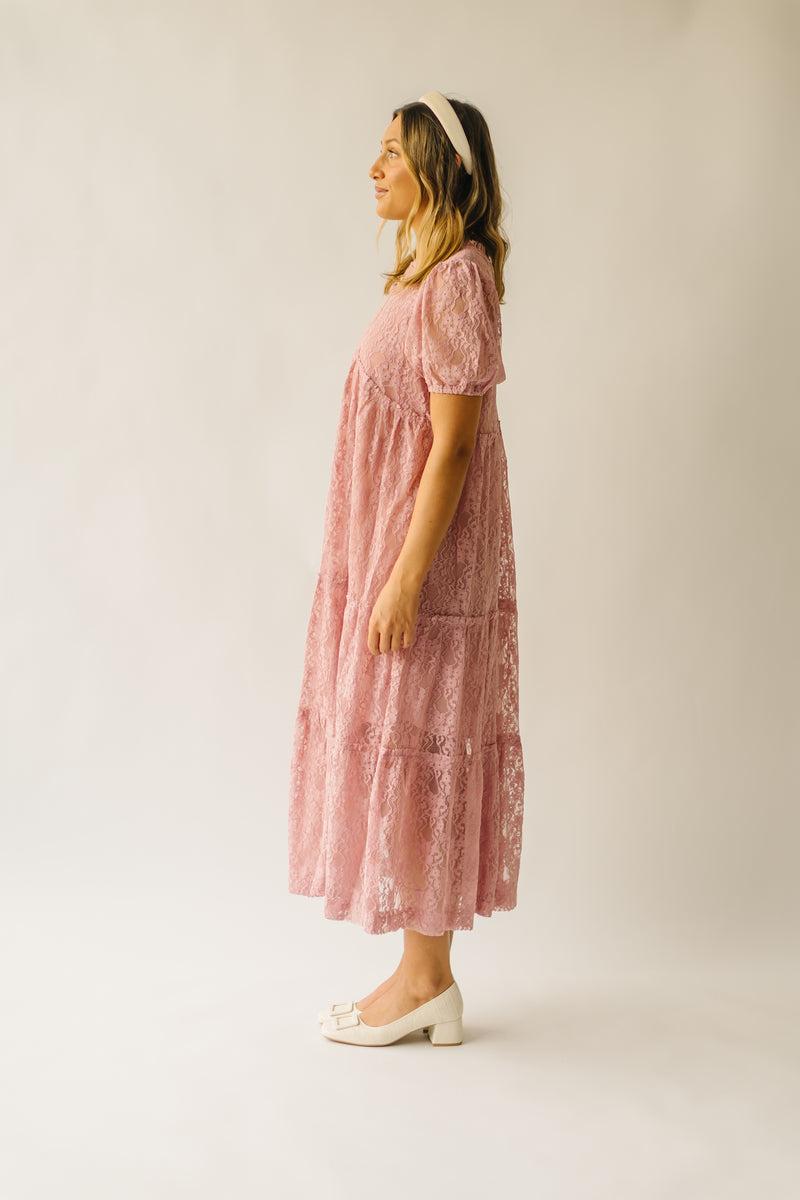 The Amari Bubble Sleeve Lace Midi Dress in Dusty Rose