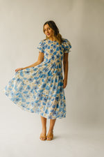 The Livia Floral Midi Dress in Cream + Blue Multi