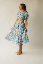 The Livia Floral Midi Dress in Cream + Blue Multi