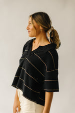 The Dellona Collared Blouse in Black + Tan Stripe