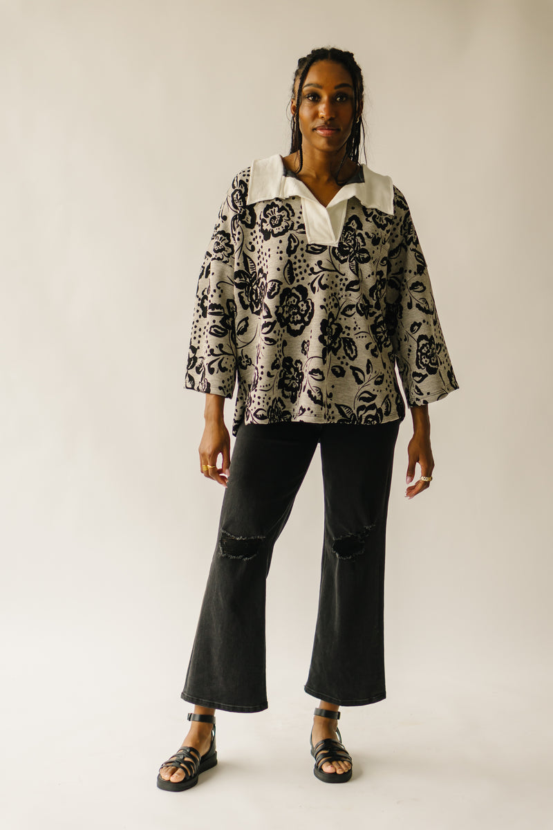 The Ellery Collared Pullover in Gray + Black Floral