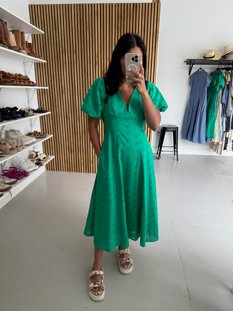 The Paulsen V-Neck Eyelet Midi Dress in Jade Green