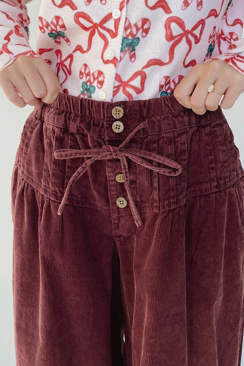 The Dorsey Corduroy Pin Tuck Wide Leg Pant in Burgundy
