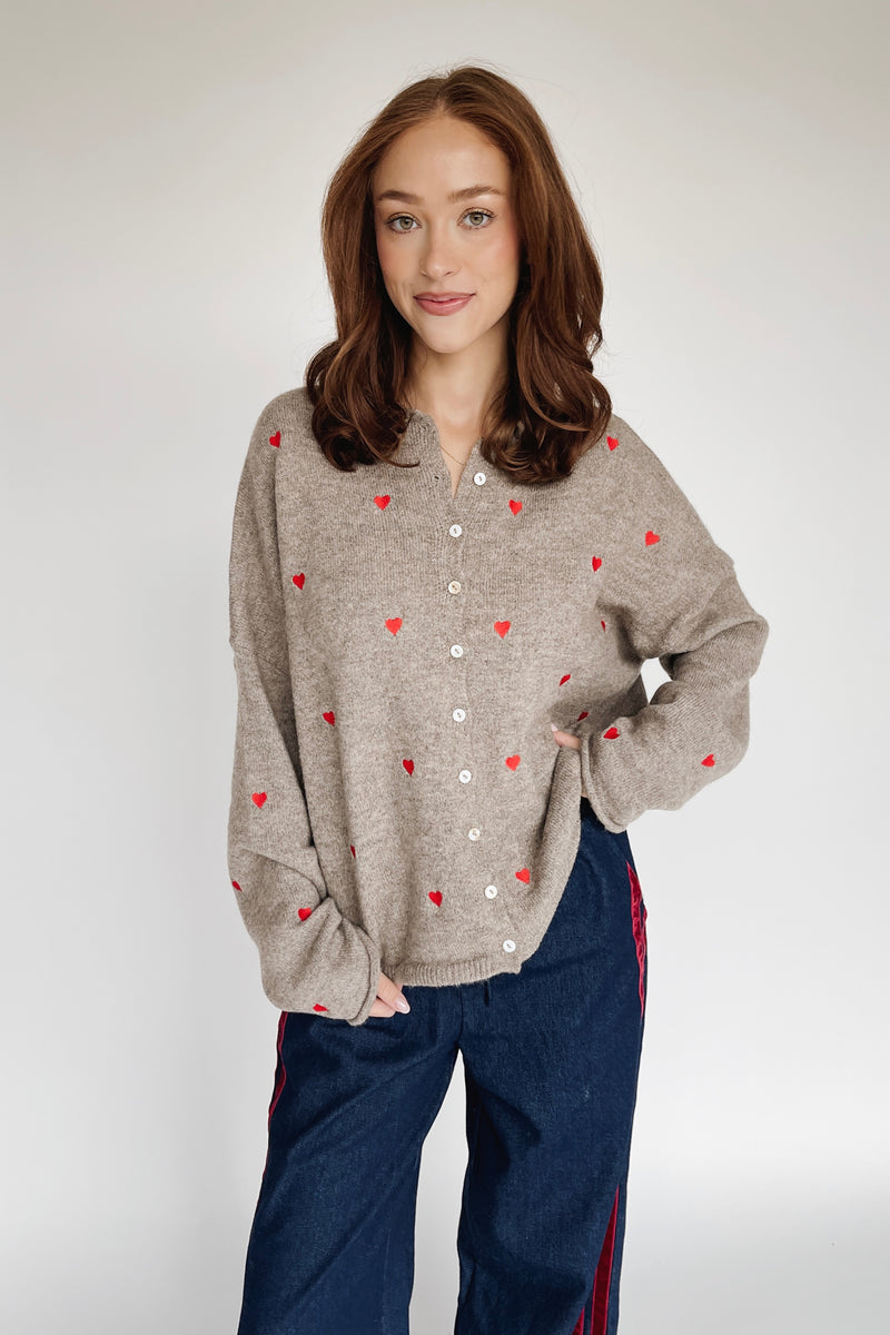 The Riggs Heart Embroidered Button-Down Sweater in Mocha + Red