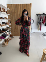The Keshla Tiered Organza Maxi Dress in Black + Red