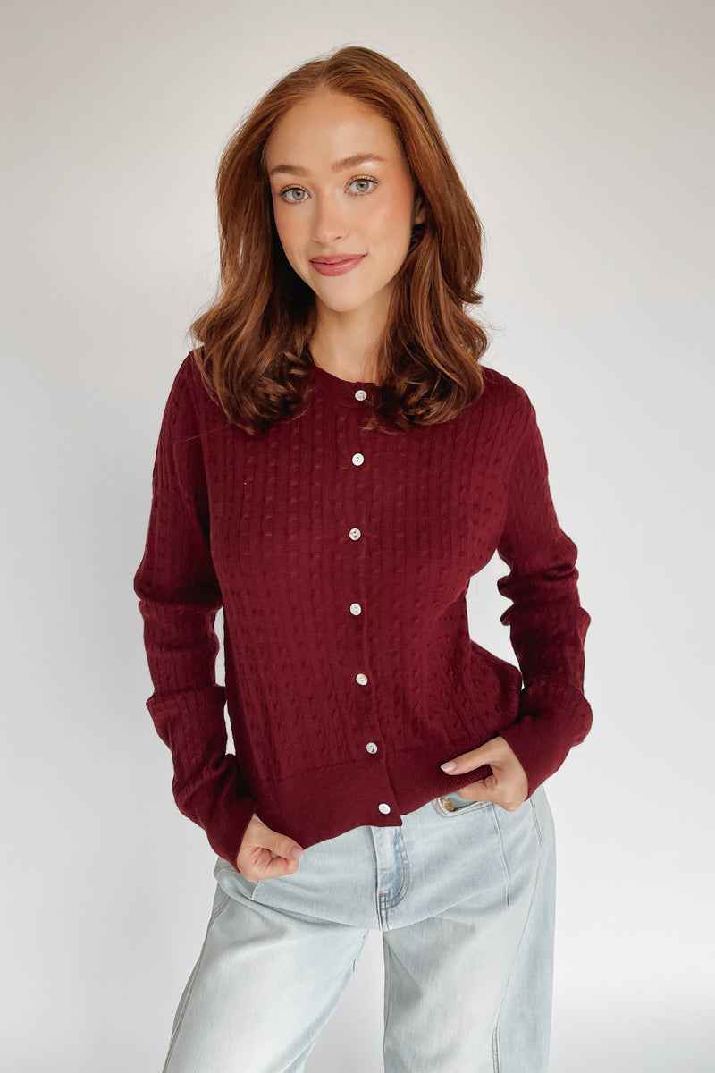 The Tomberlin Cable Knit Cardigan in Maroon