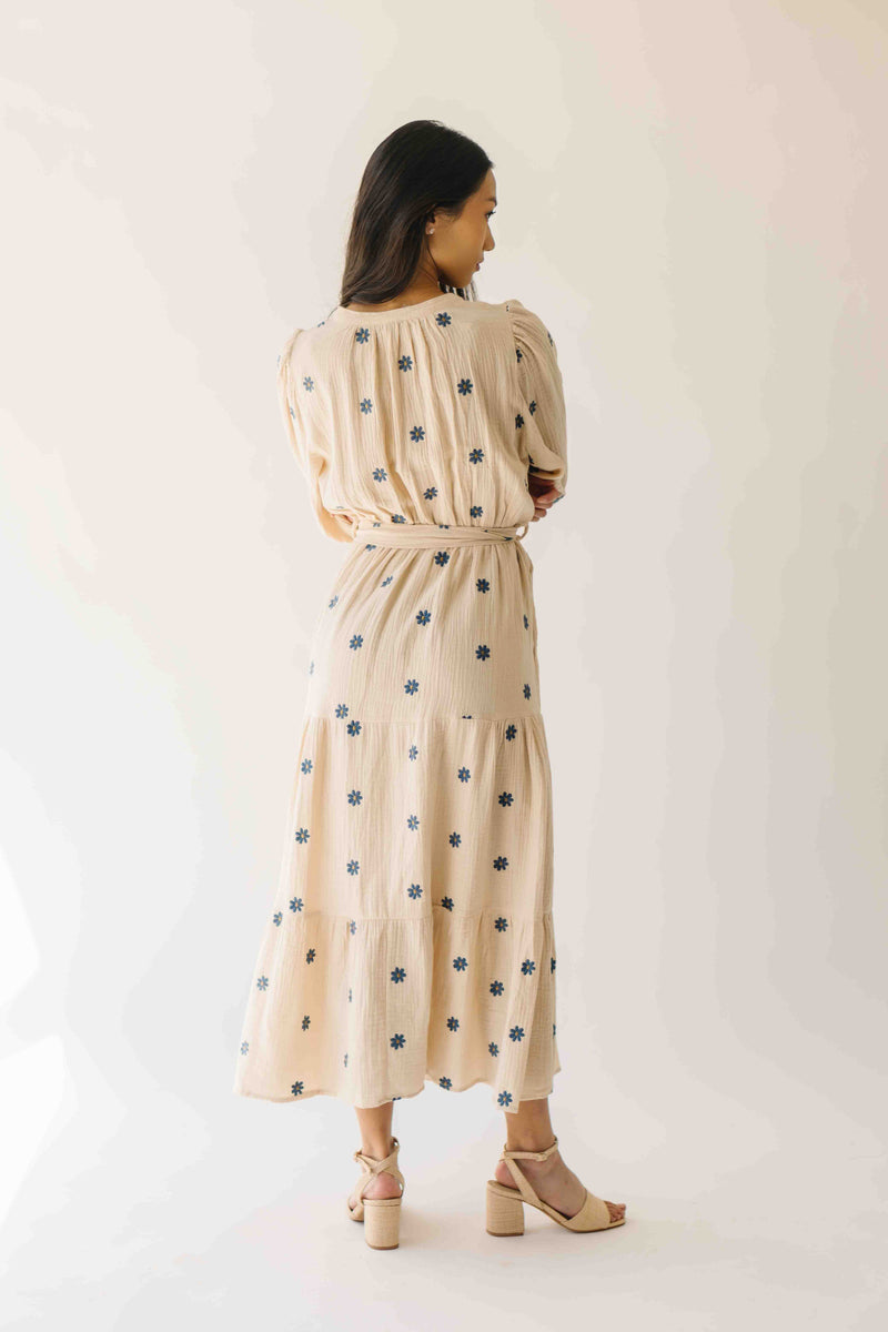 The Odette Printed Floral Midi Dress in Natural + Navy