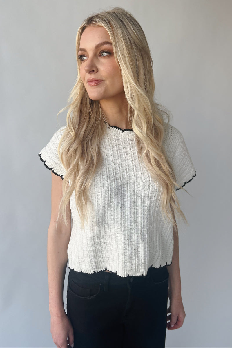 The Shelly Scallop Edge Sweater in Ivory + Black