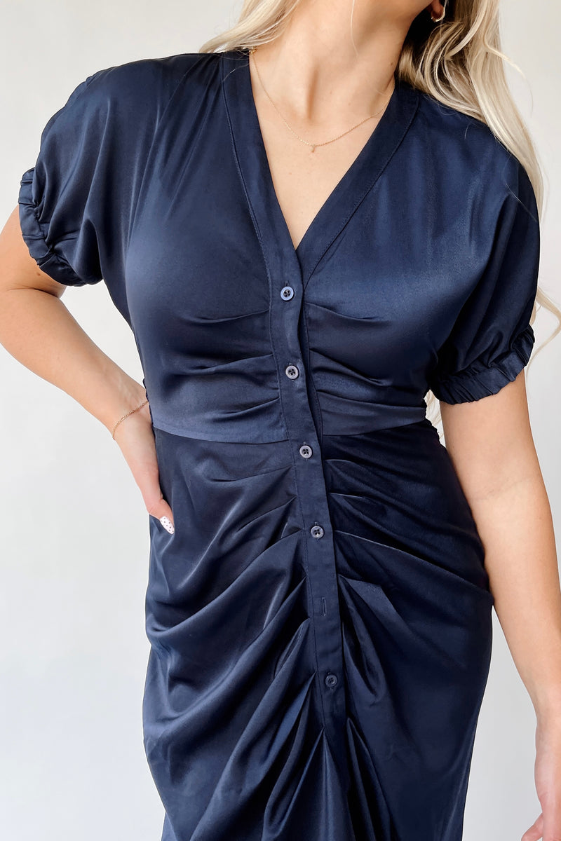 The Kyrie Satin Dolman Sleeve Midi Dress in Navy