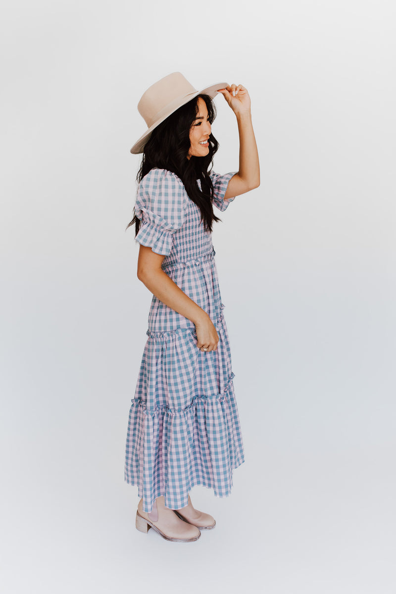 The Oakland Smocked Detail Midi Dress in Blue