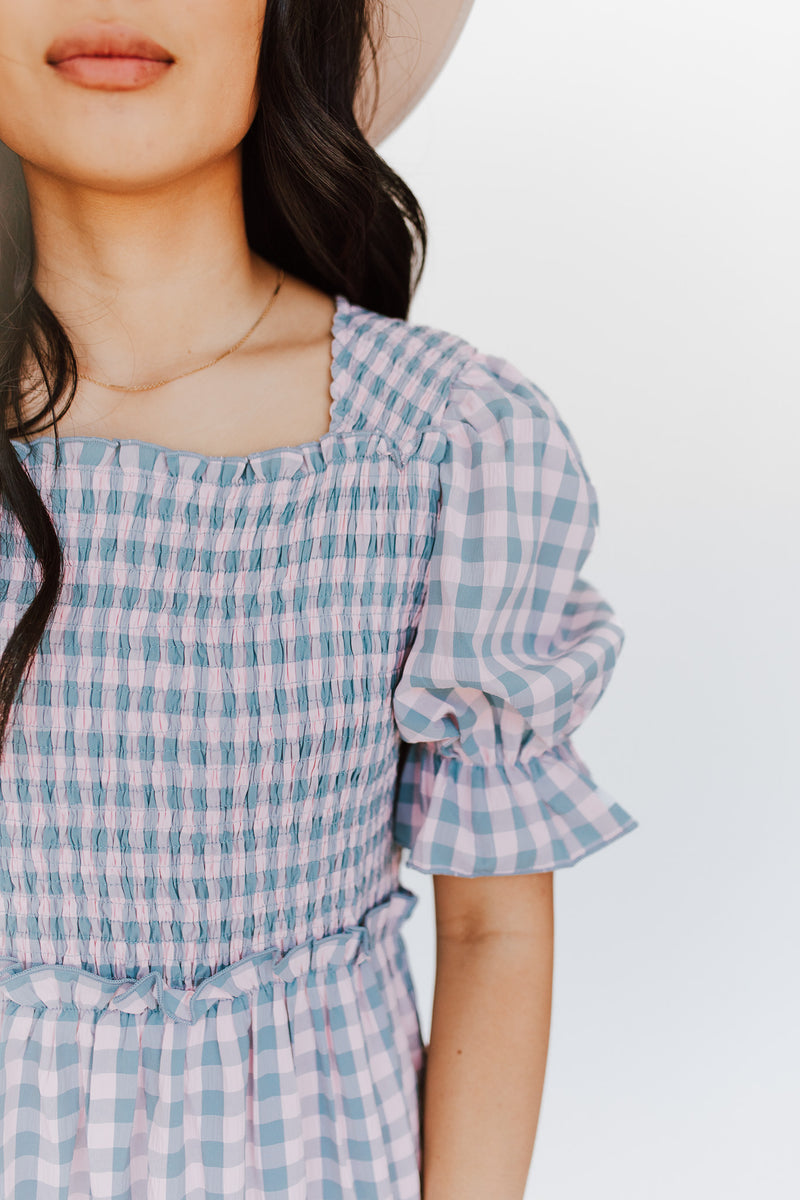 The Oakland Smocked Detail Midi Dress in Blue