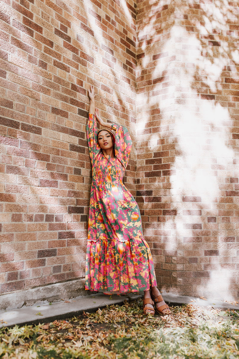 The Kensley Smocked Bodice Maxi Dress in Olive Floral