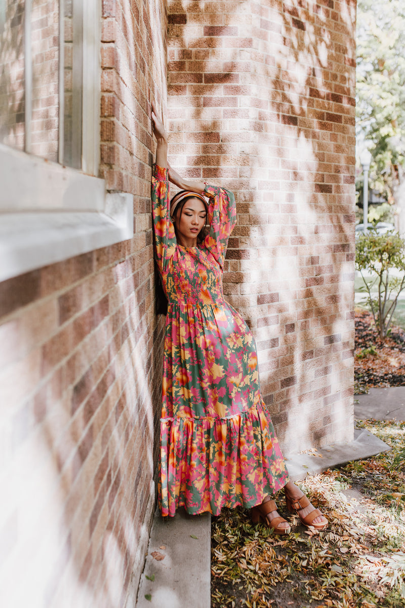 The Kensley Smocked Bodice Maxi Dress in Olive Floral