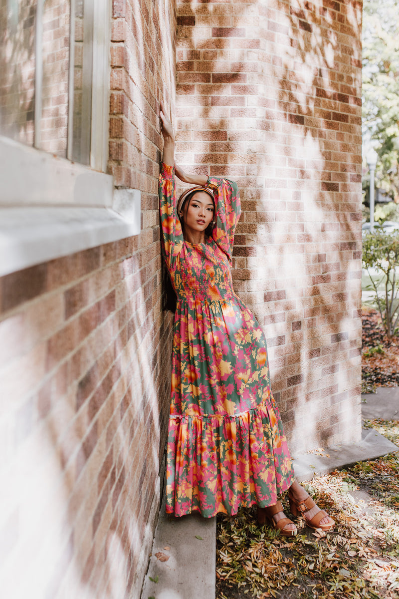 The Kensley Smocked Bodice Maxi Dress in Olive Floral