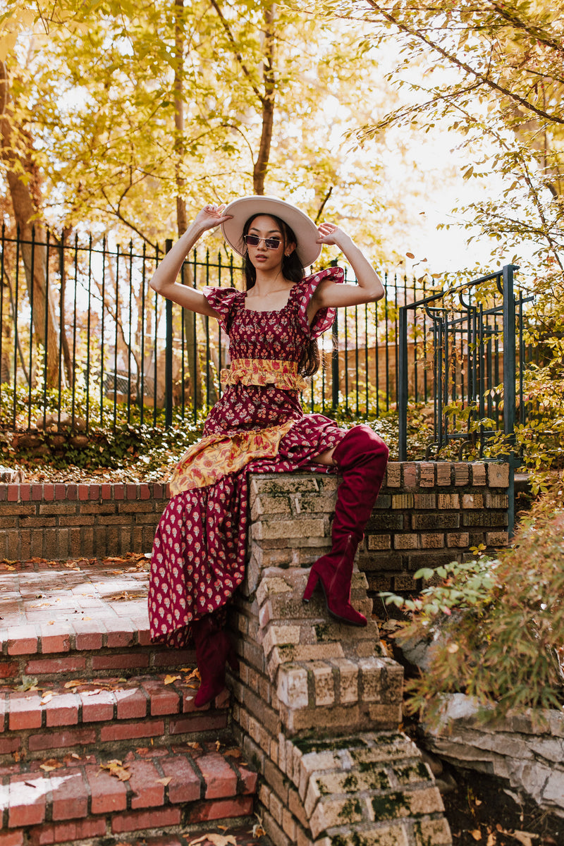 The Widmer Mixed Print Maxi Dress in Burgundy + Gold