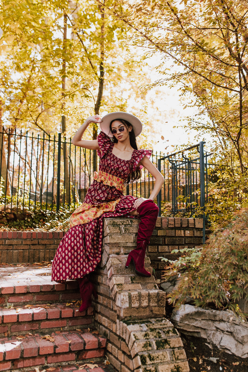 The Widmer Mixed Print Maxi Dress in Burgundy + Gold