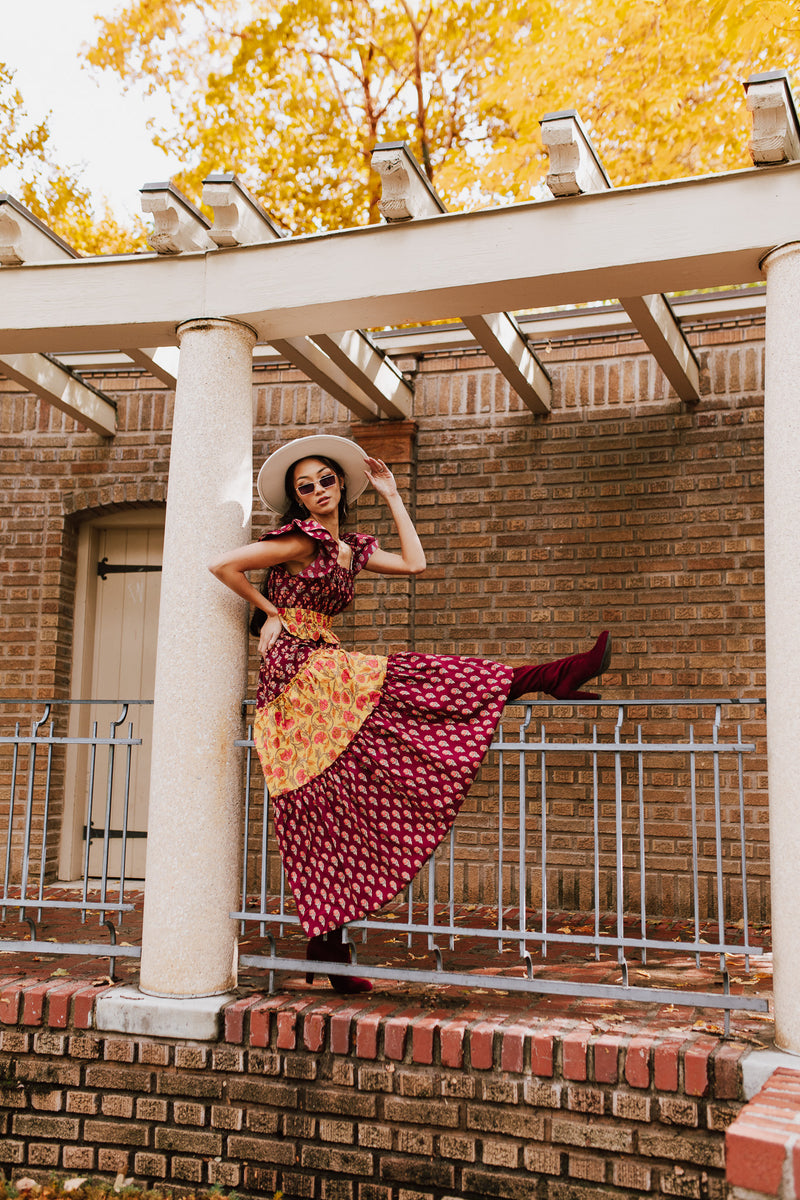 The Widmer Mixed Print Maxi Dress in Burgundy + Gold