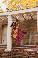 The Widmer Mixed Print Maxi Dress in Burgundy + Gold