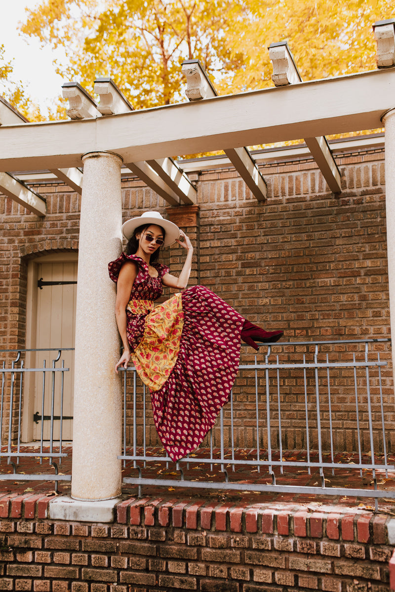 The Widmer Mixed Print Maxi Dress in Burgundy + Gold