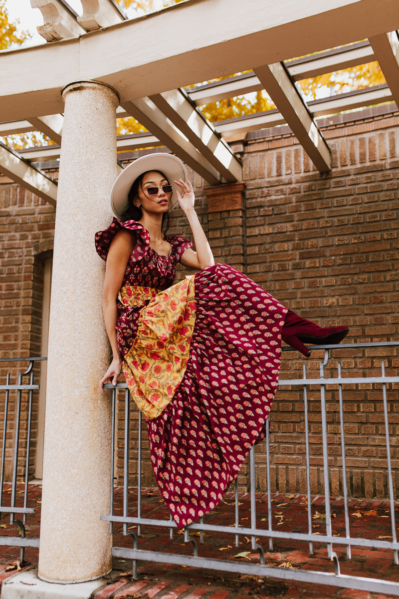 The Widmer Mixed Print Maxi Dress in Burgundy + Gold
