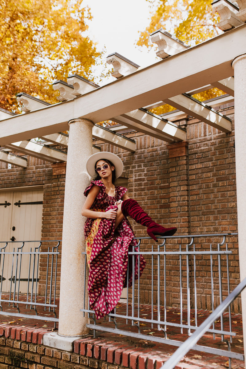 The Widmer Mixed Print Maxi Dress in Burgundy + Gold