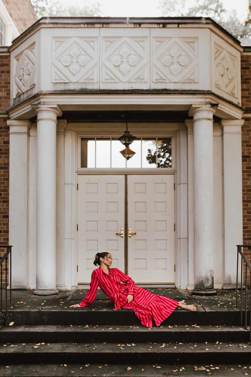 The Clarisa Striped Button-Up Maxi Dress in Fuchsia + Orange