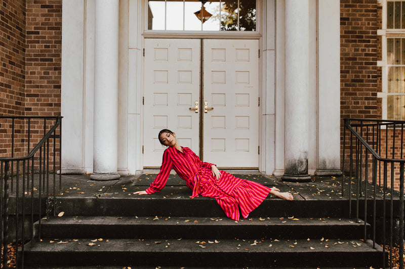 The Clarisa Striped Button-Up Maxi Dress in Fuchsia + Orange