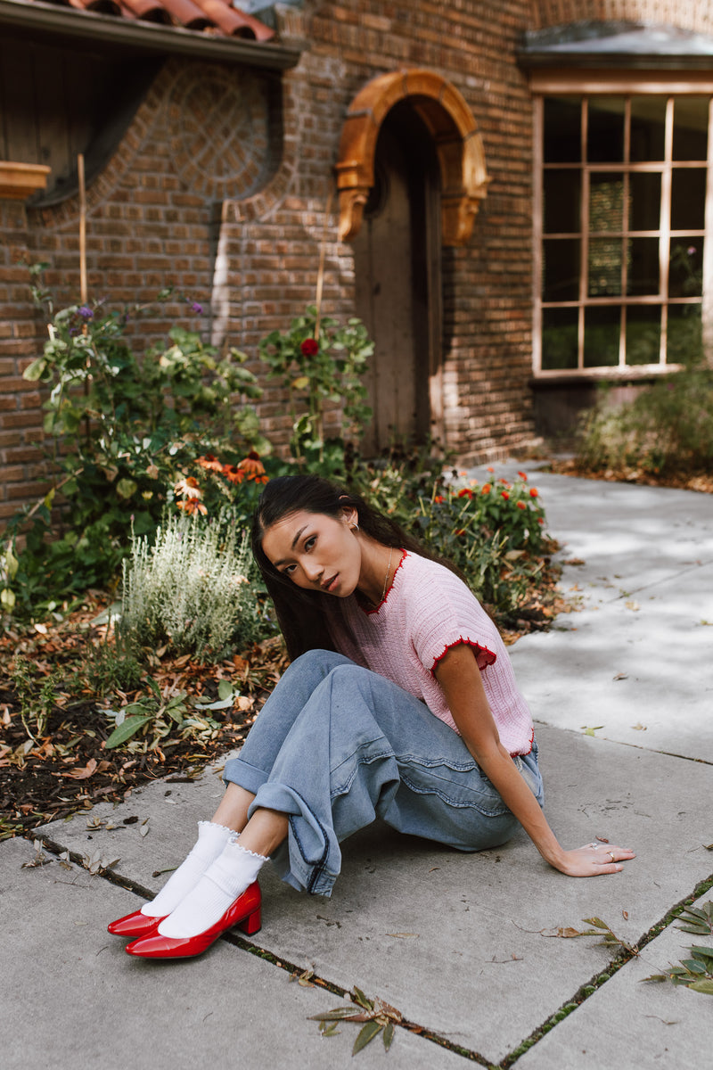 The Shelly Scallop Edge Sweater in Pink + Red