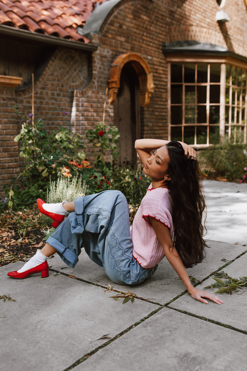 The Shelly Scallop Edge Sweater in Pink + Red