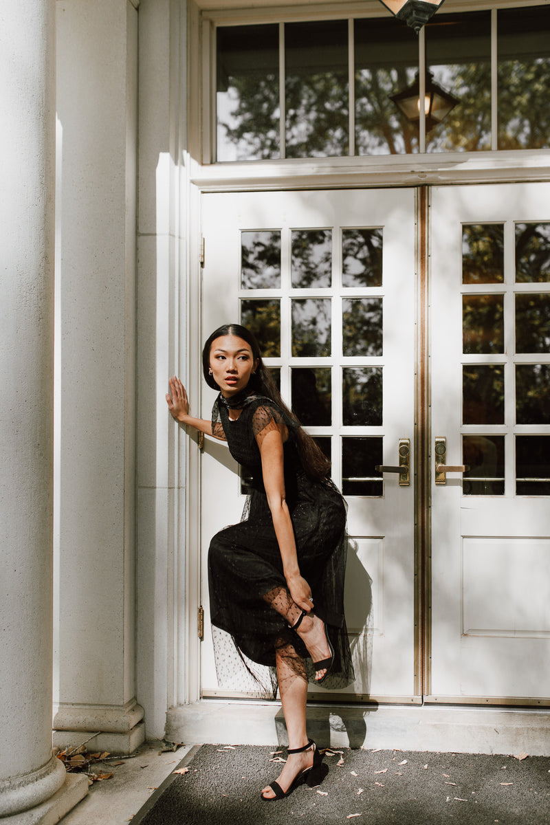The Dawley Polka Dot Chiffon Midi Dress in Black
