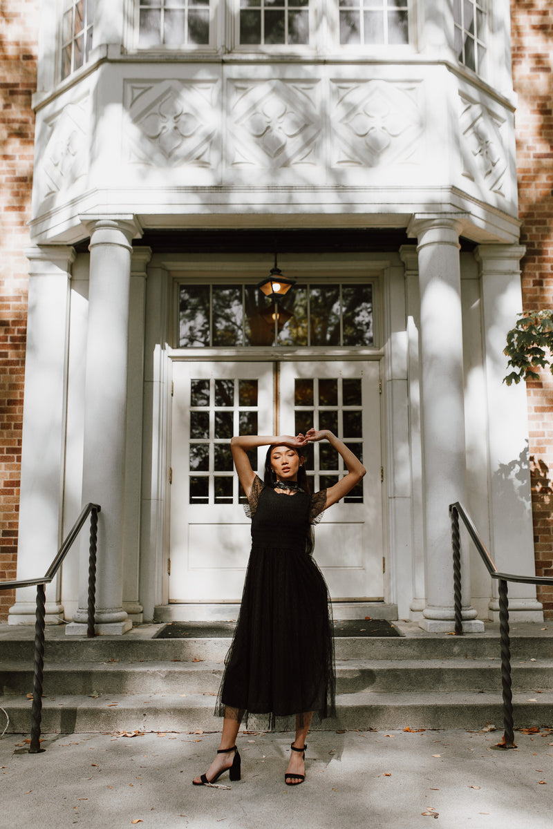 The Dawley Polka Dot Chiffon Midi Dress in Black