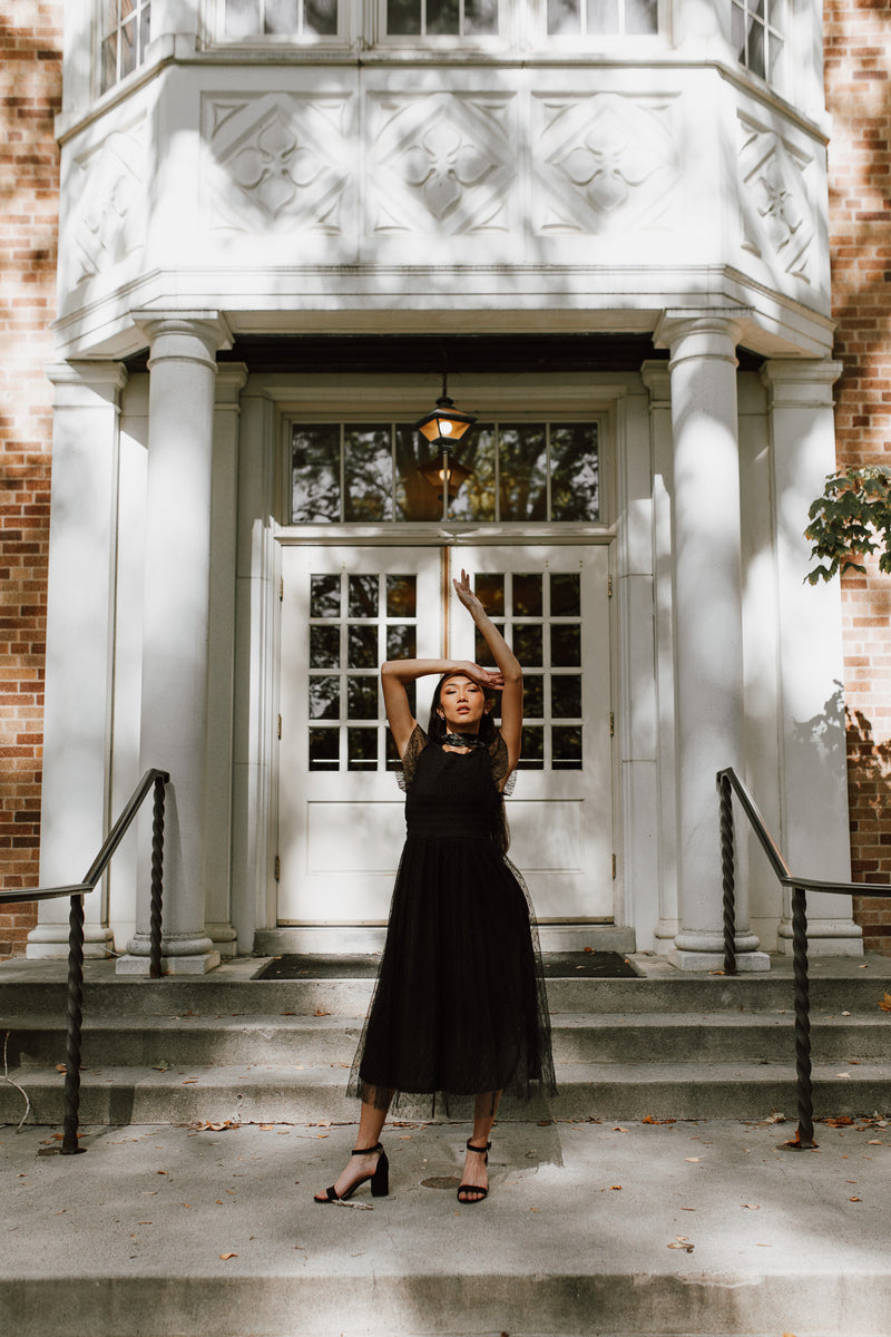 The Dawley Polka Dot Chiffon Midi Dress in Black