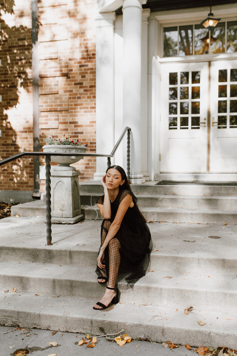 The Dawley Polka Dot Chiffon Midi Dress in Black