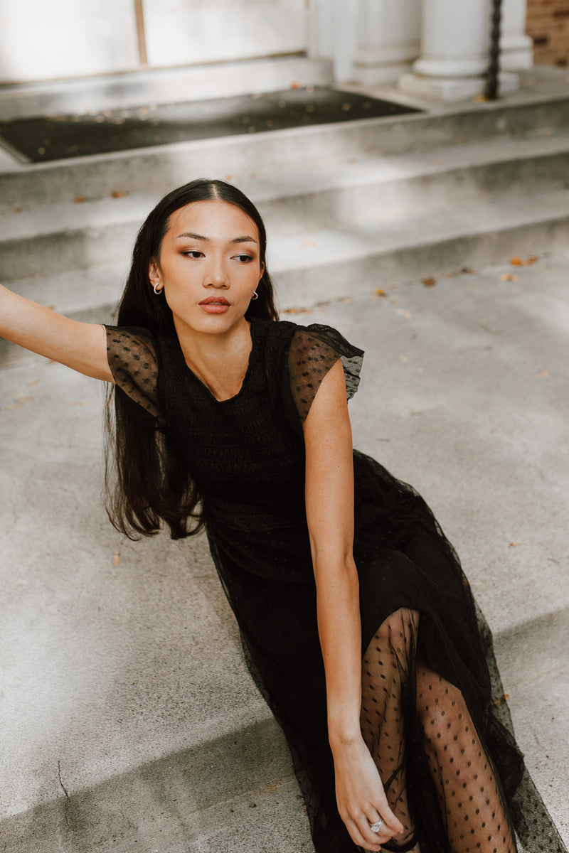 The Dawley Polka Dot Chiffon Midi Dress in Black