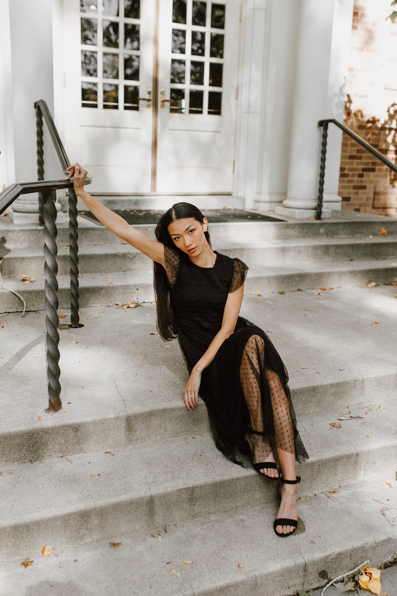 The Dawley Polka Dot Chiffon Midi Dress in Black