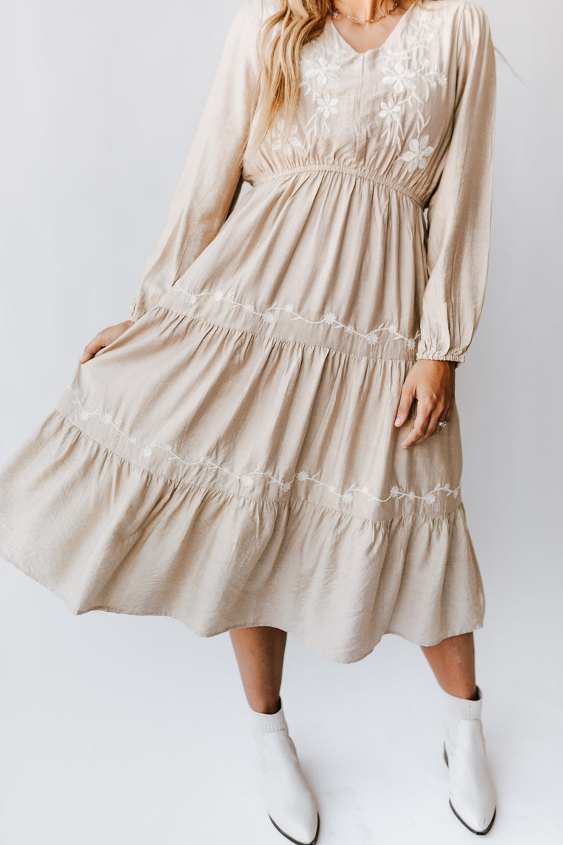 The Roseanne Embroidered Detail Midi Dress in Sand