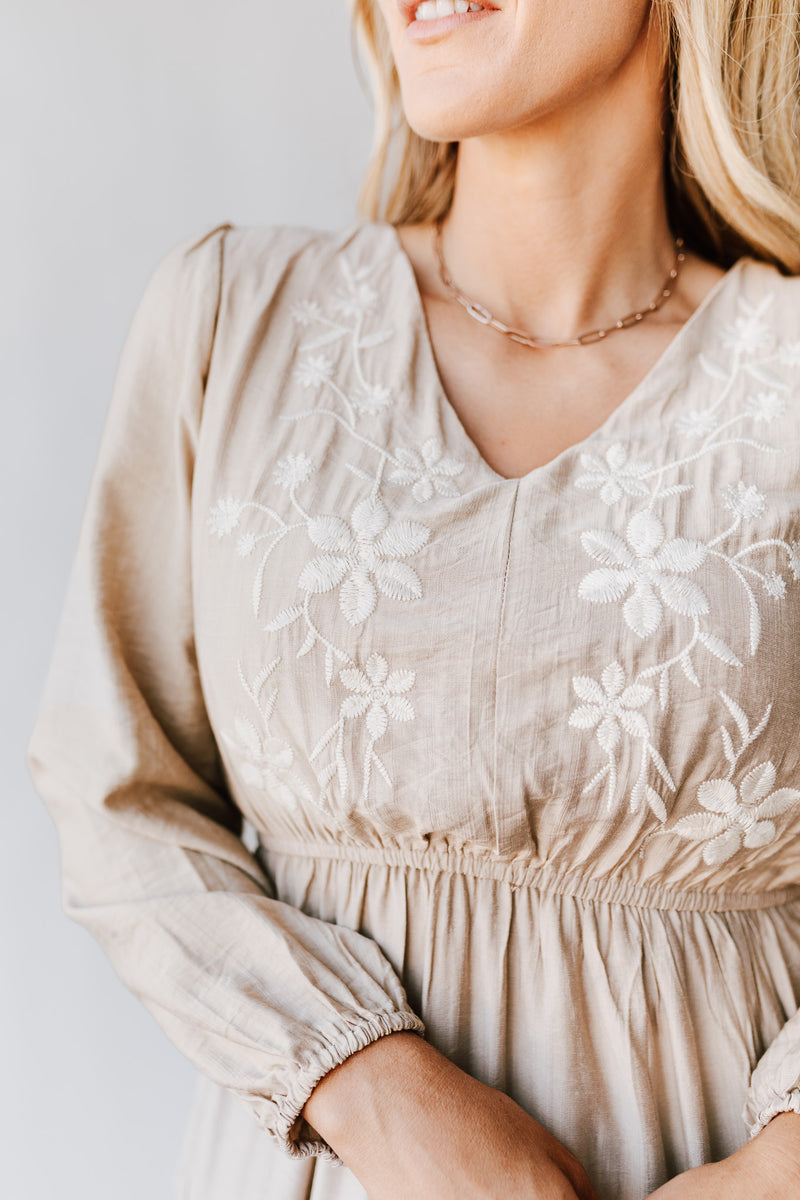 The Roseanne Embroidered Detail Midi Dress in Sand
