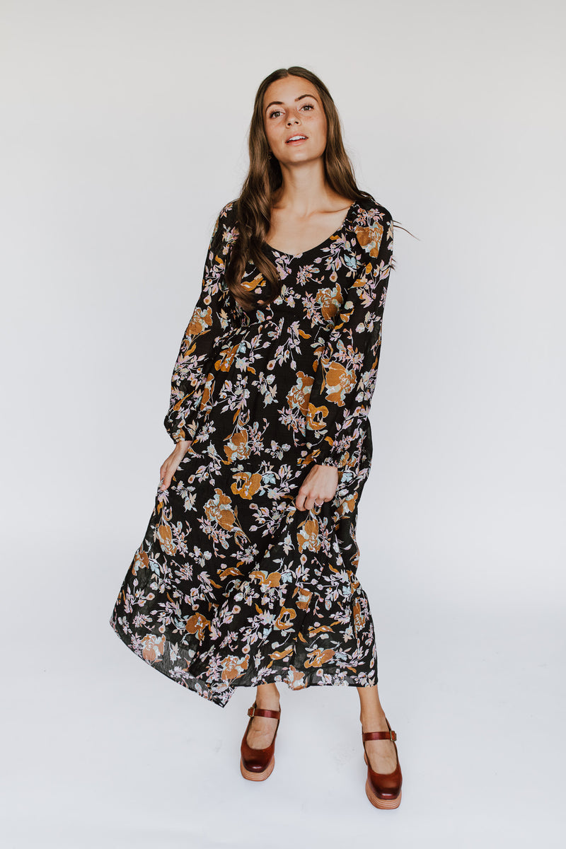 The Delancy Tiered Floral Maxi Dress in Black