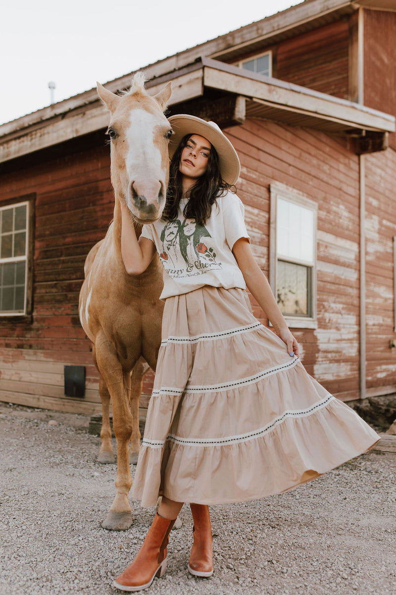 The Arlie Tiered Midi Dress in Khaki